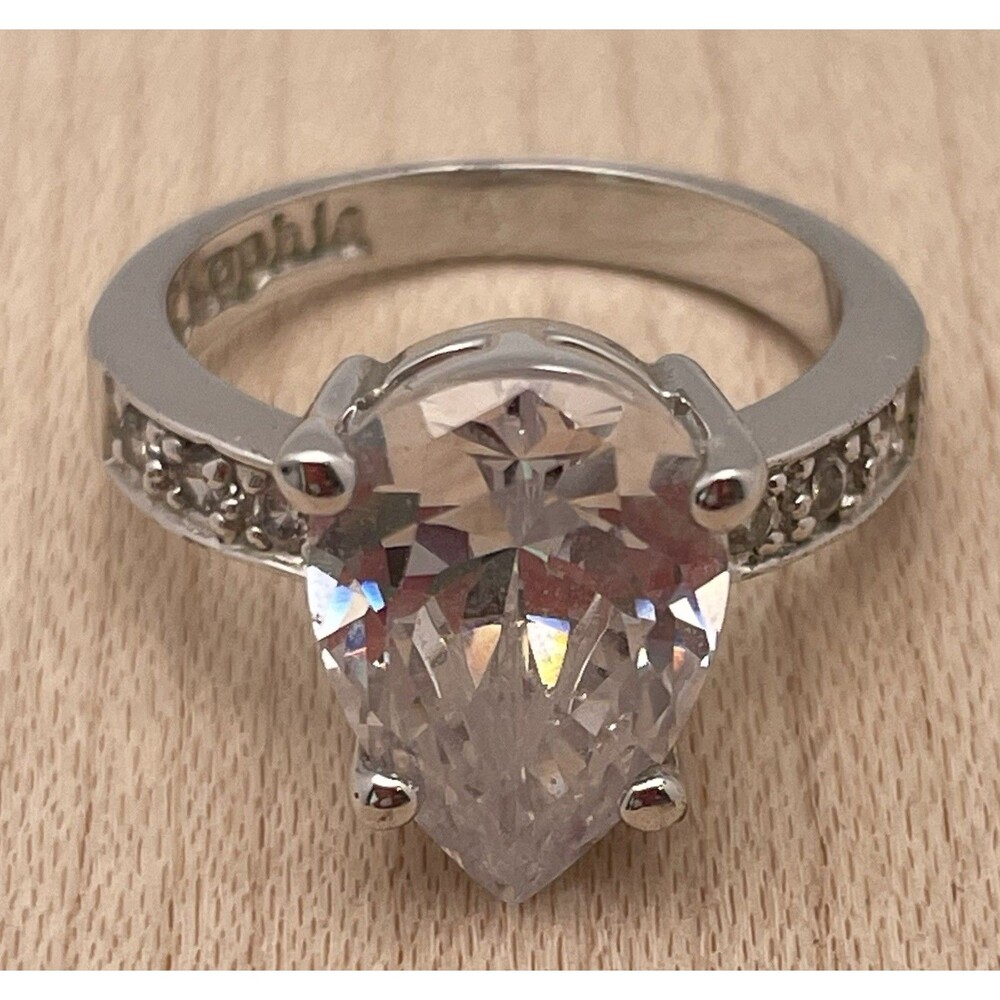 Lia Sophia Silver Tone Pear Cut Clear Stone Solitaire Cocktail Prong Ring Size 6
